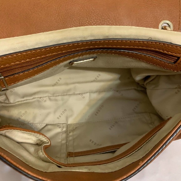 GUESS Large Acorn Brown Vegan Leather Studded Flap CHAIN CROSSBODY - Picture 9 of 13